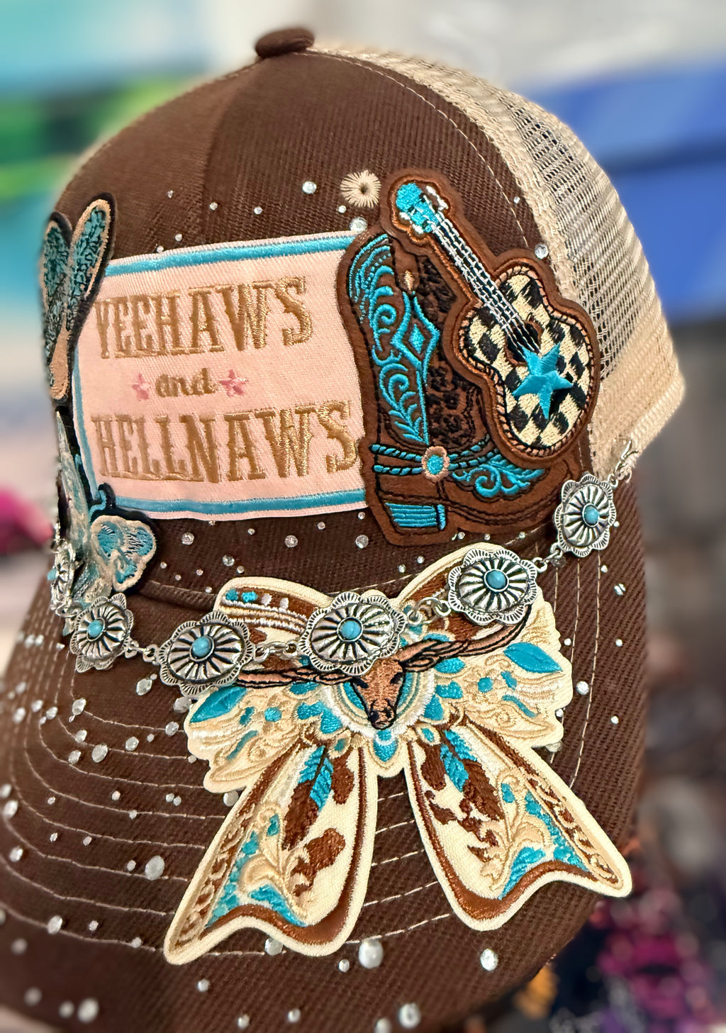 Custom Western Yeehaws and Hellnaws Rhinestone Trucker Hat With Turquoise Hat Chain
