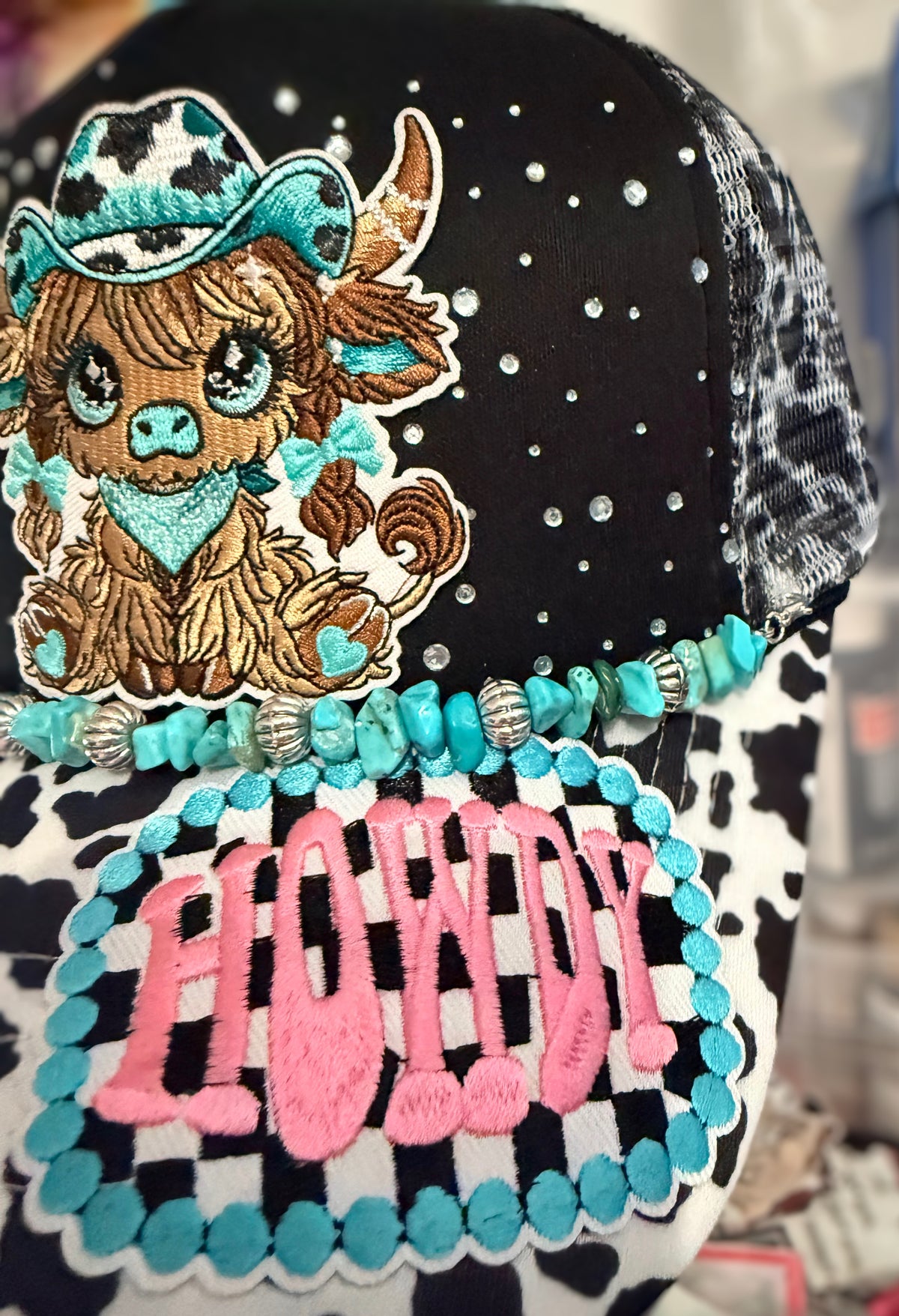 Custom Highland Cow Western Trucker Hat Rhinestone & Turquoise Accents