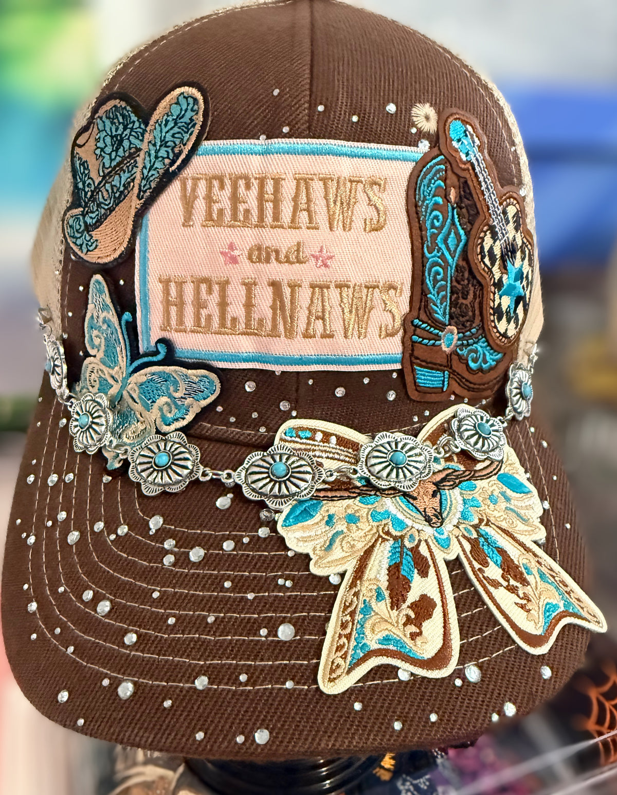 Custom Western Yeehaws and Hellnaws Rhinestone Trucker Hat With Turquoise Hat Chain