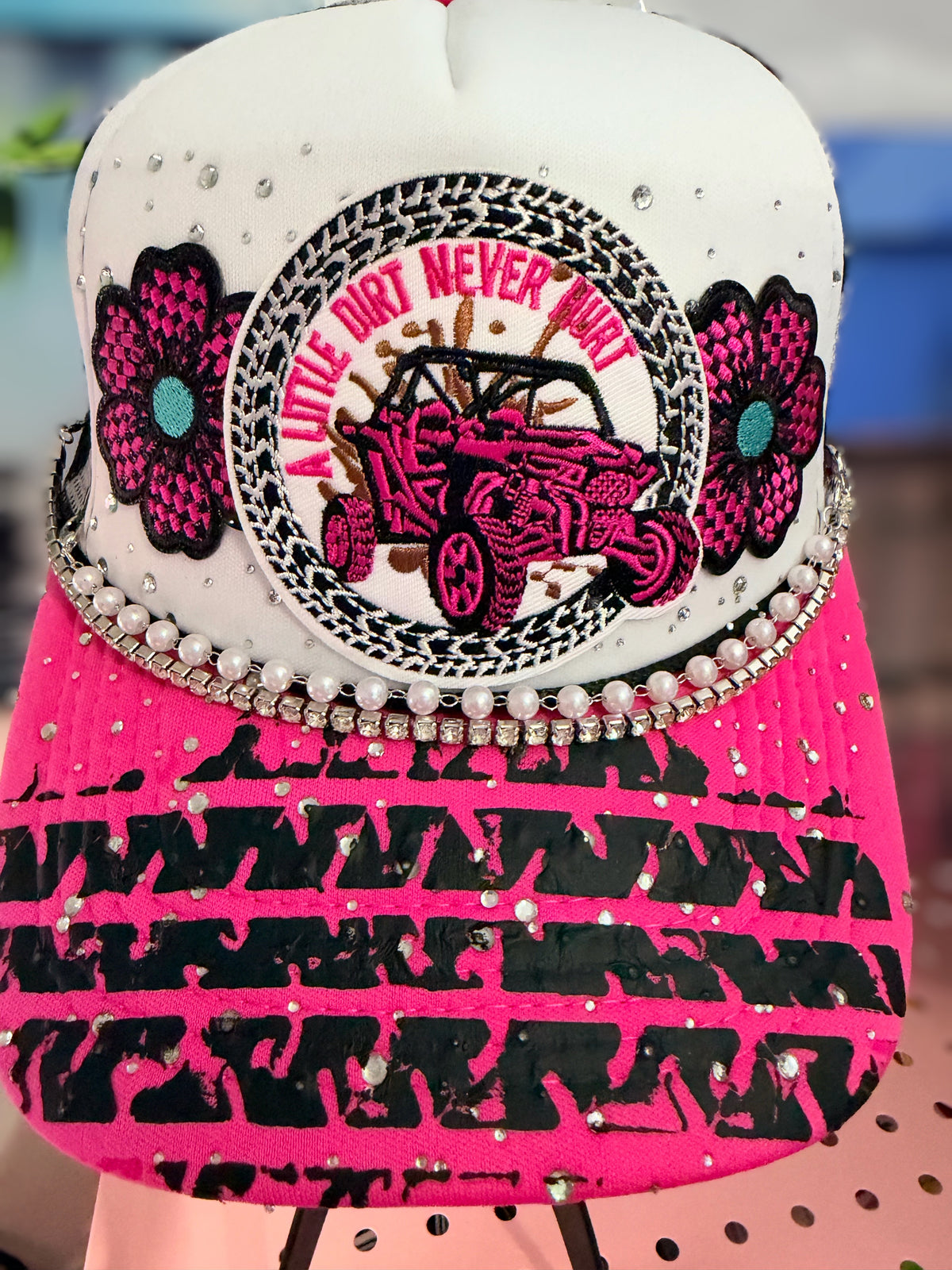 Pink Embellished "A Little Dirt Never Hurt" ATV Trucker Hat Snapback With 2 Hat Chains