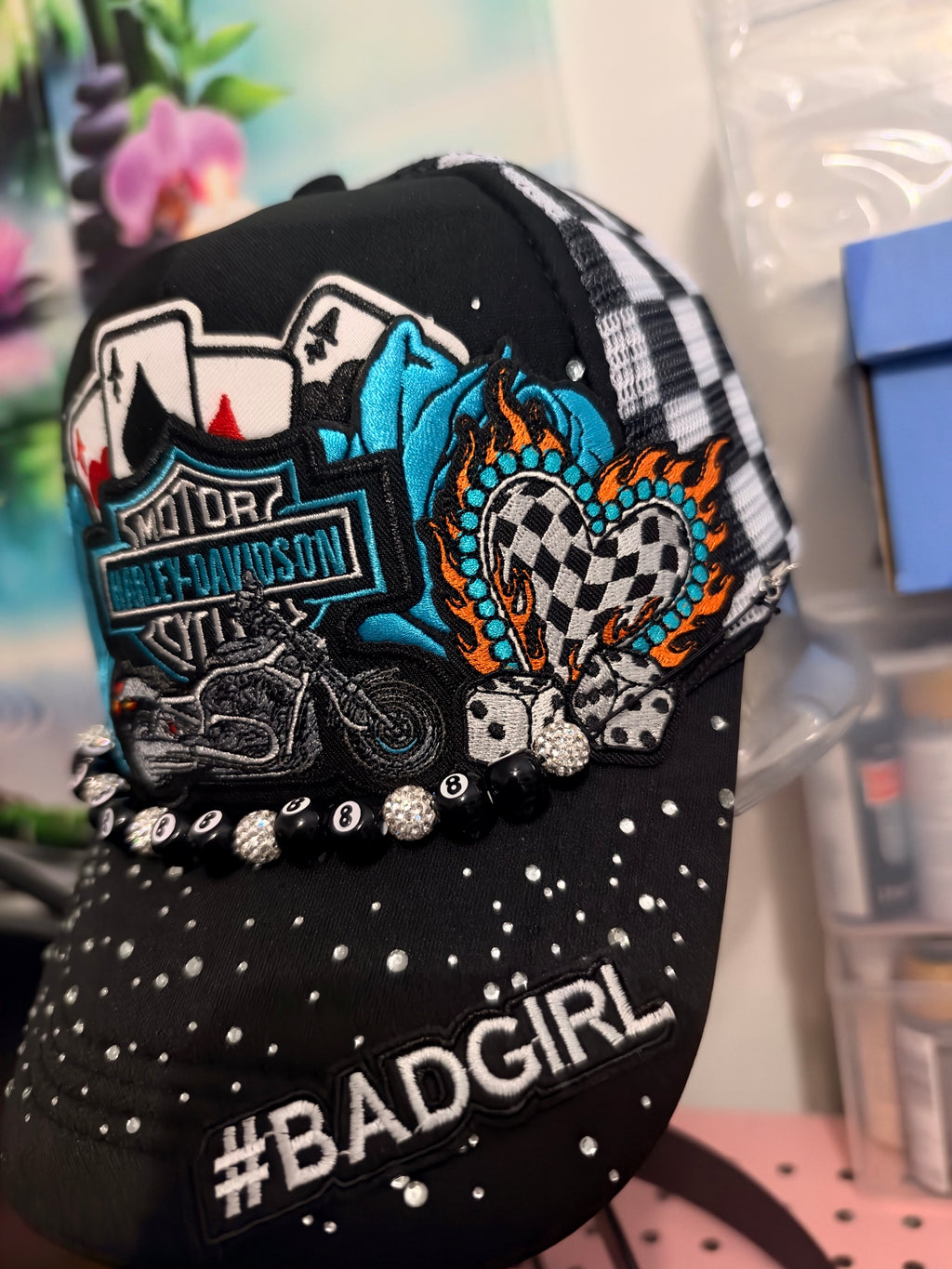 Custom Harley-Davidson Like Rhinestone Trucker Hat With 8