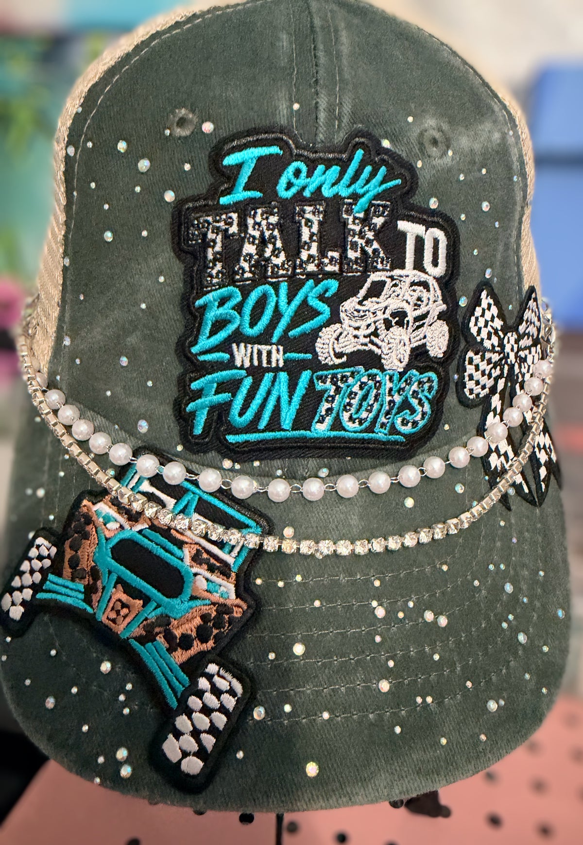 Custom Rhinestone UTV Trucker Hat with Pearl Chain