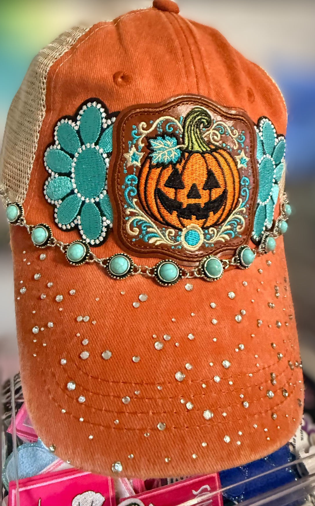 Orange Pumpkin Patch Trucker Hat with Turquoise Accents