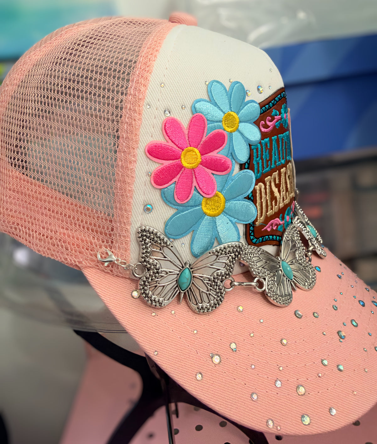 Beautiful Disaster Pink Butterfly Rhinestone Trucker Hat