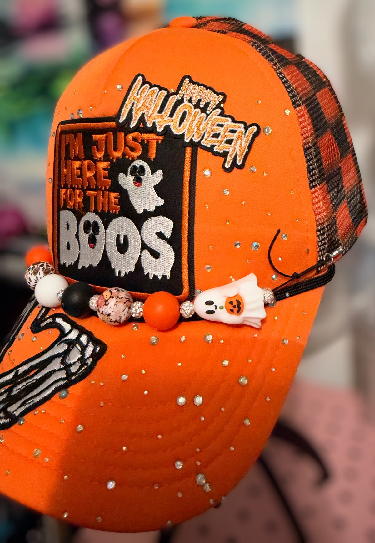 Orange Halloween Trucker Hat with Ghost and Skeleton and Hat Chain
