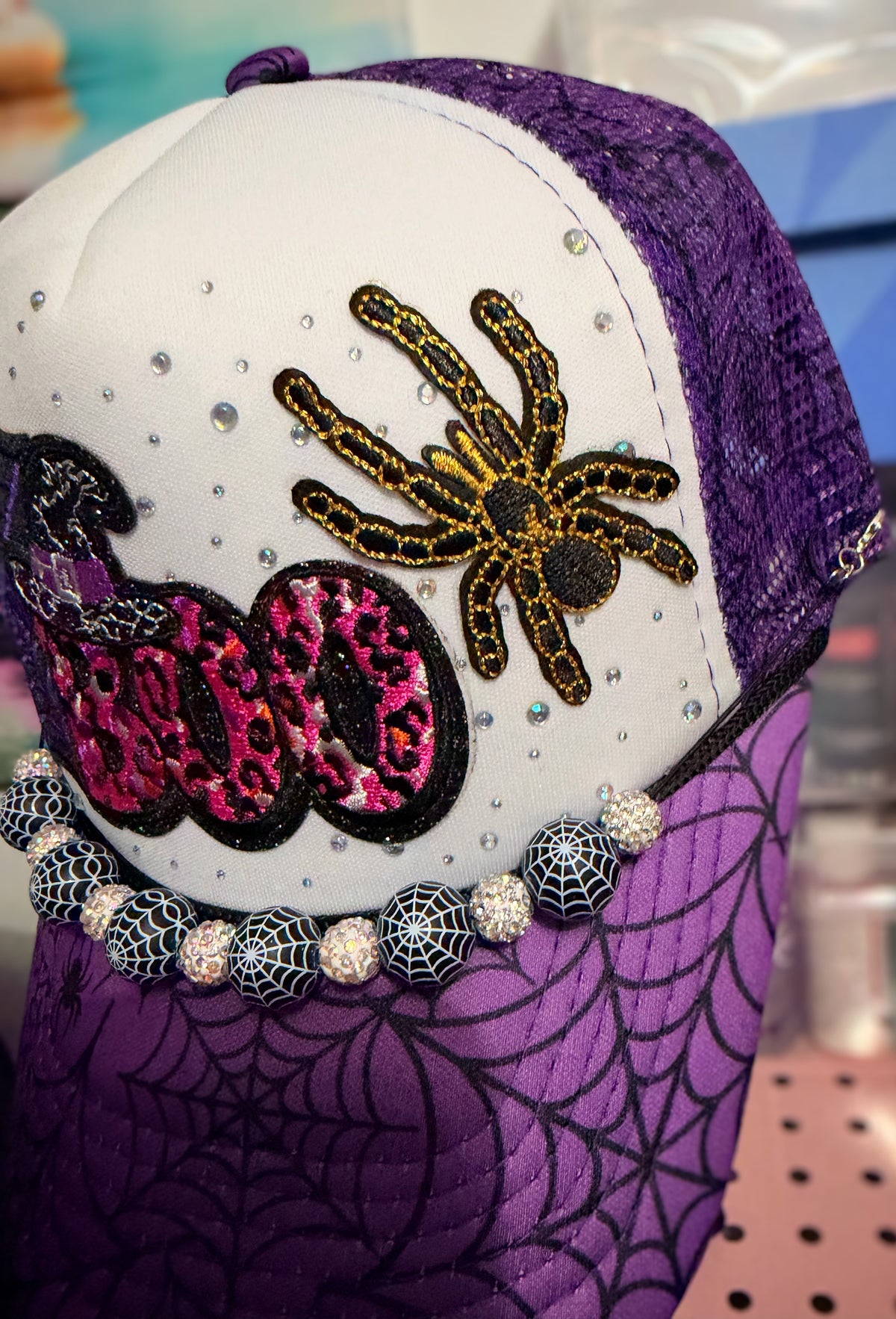 Custom Halloween 'BOO' Spiderweb Trucker Hat with Spiderweb Hat Chain