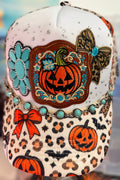 Halloween Pumpkin Leopard Print Trucker Hat Snapback With Turquoise Accent Chain