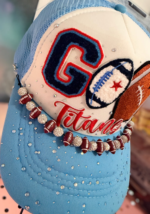 Custom "Go Titans" Rhinestone Beaded Football Trucker Hat