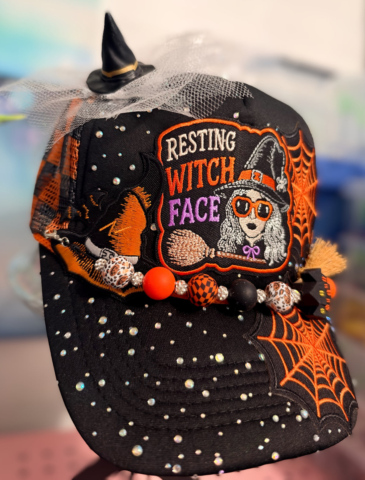 Halloween Resting Witch Face Rhinestone Beaded Trucker Hat with Hat Chain