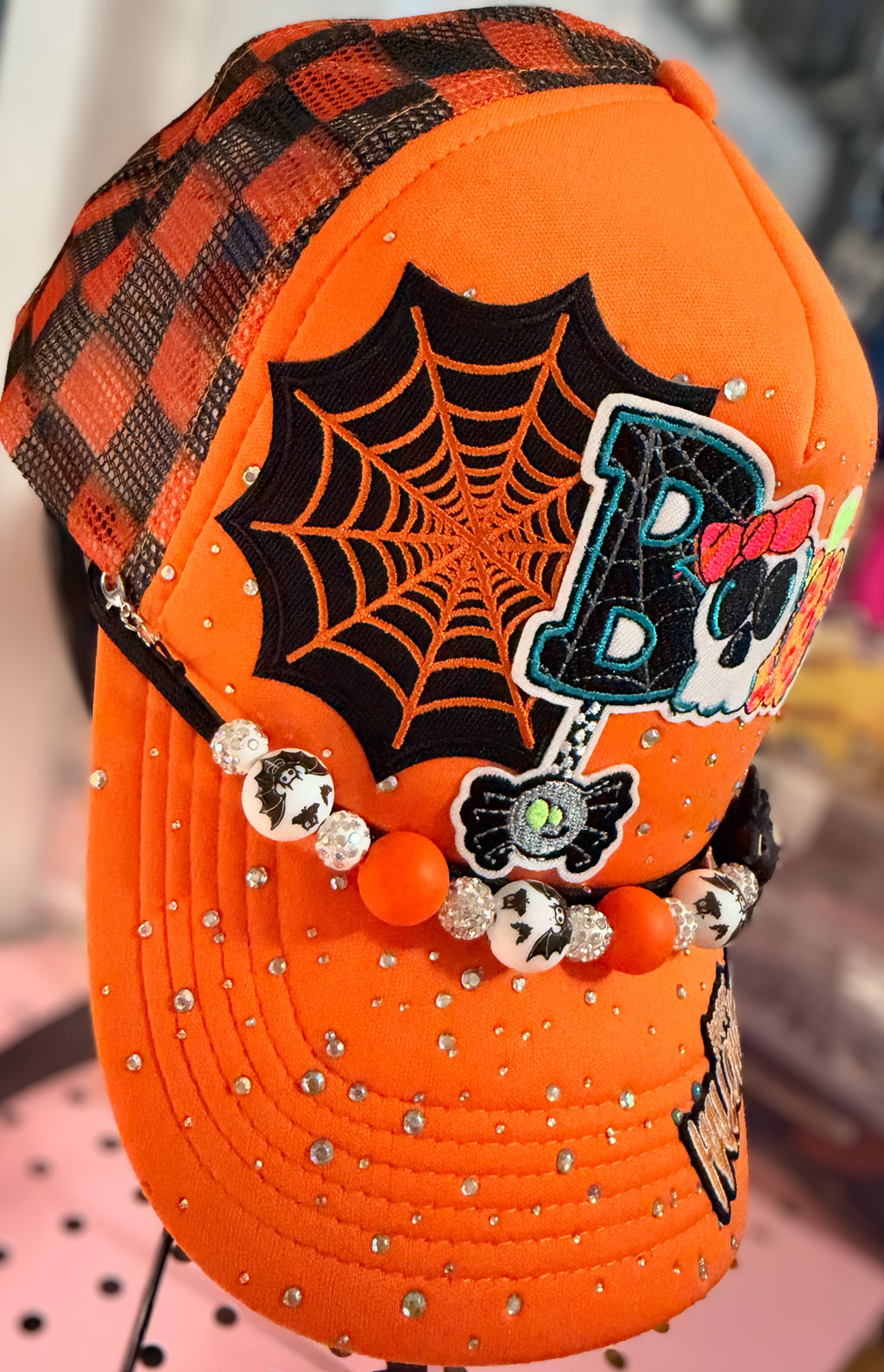 Custom Rhinestone Halloween Trucker Hat - Orange Boo Snapback