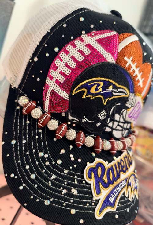 Custom Baltimore Ravens Rhinestone Sequin Trucker Hat Snapback With Football Hat Chain