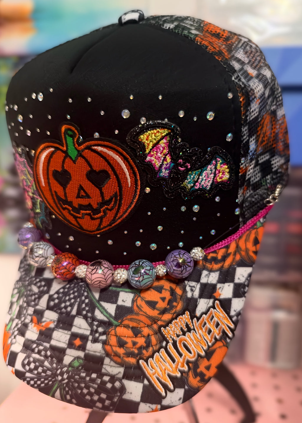 Custom Halloween Pumpkin Rhinestone Trucker Hat With Spiderweb Hat Chain
