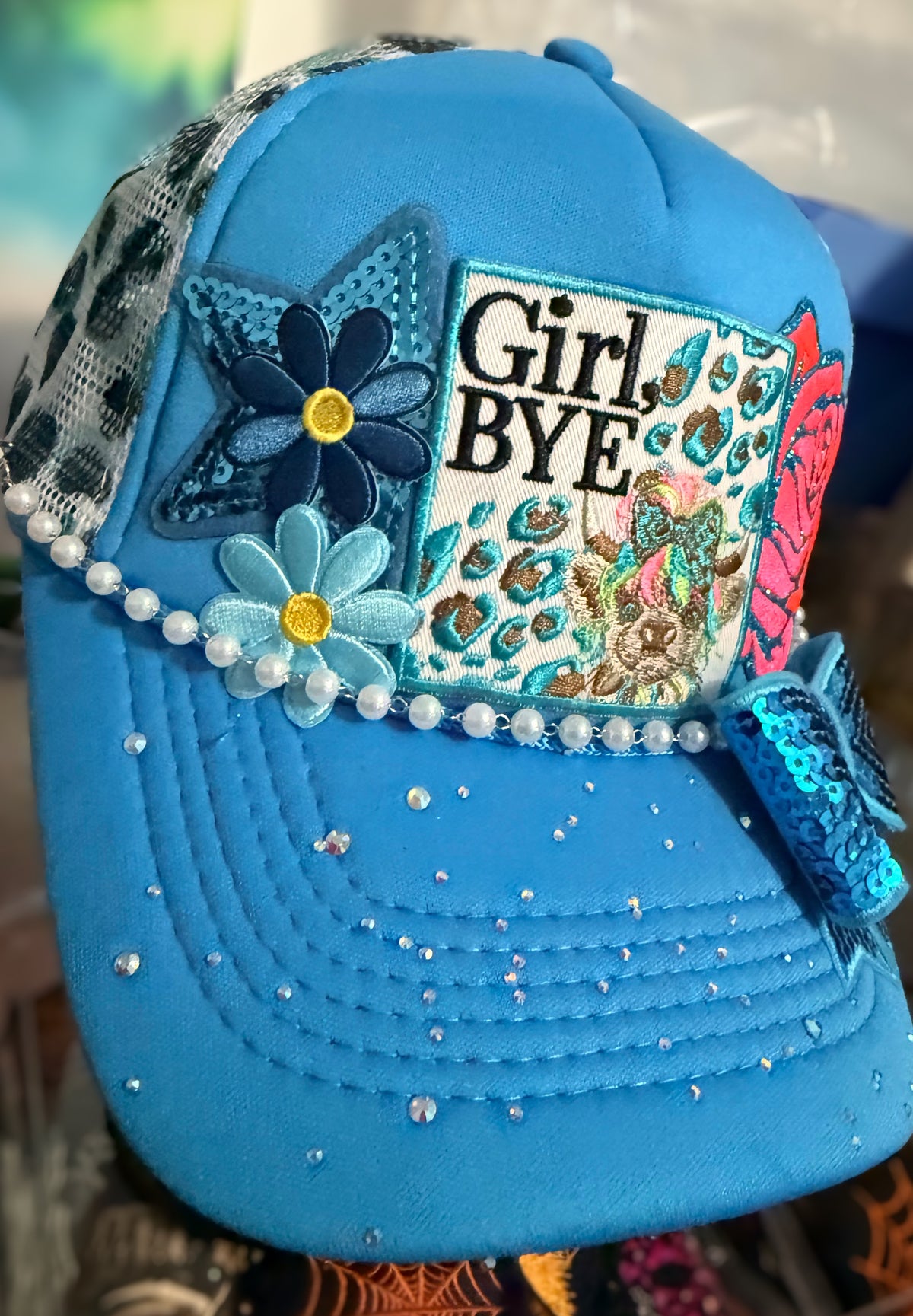Custom Blue "Girl Bye" Trucker Hat with Rhinestones, Hat Chain and Sequin Bow