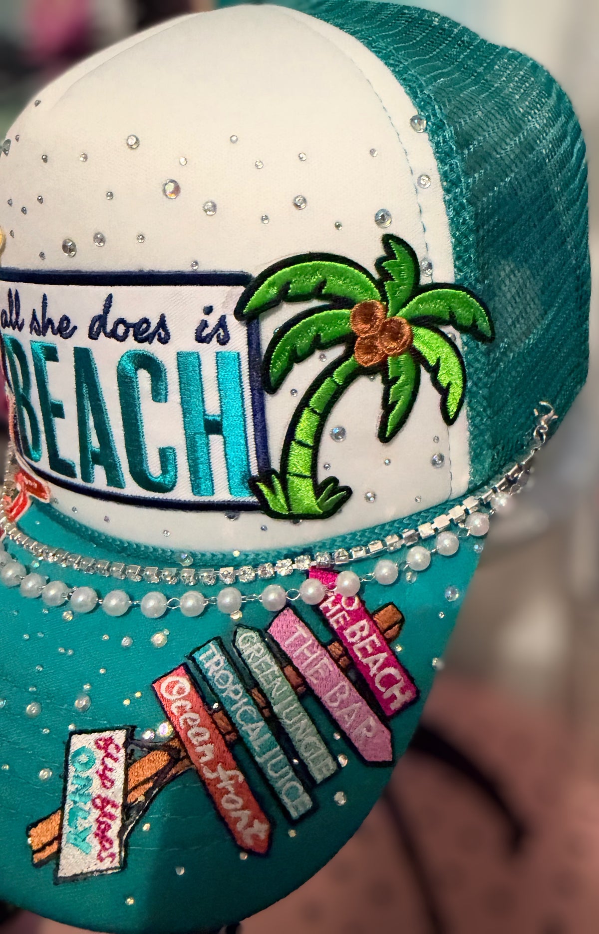 Custom Rhinestone Beach Trucker Hat Teal White Snapback