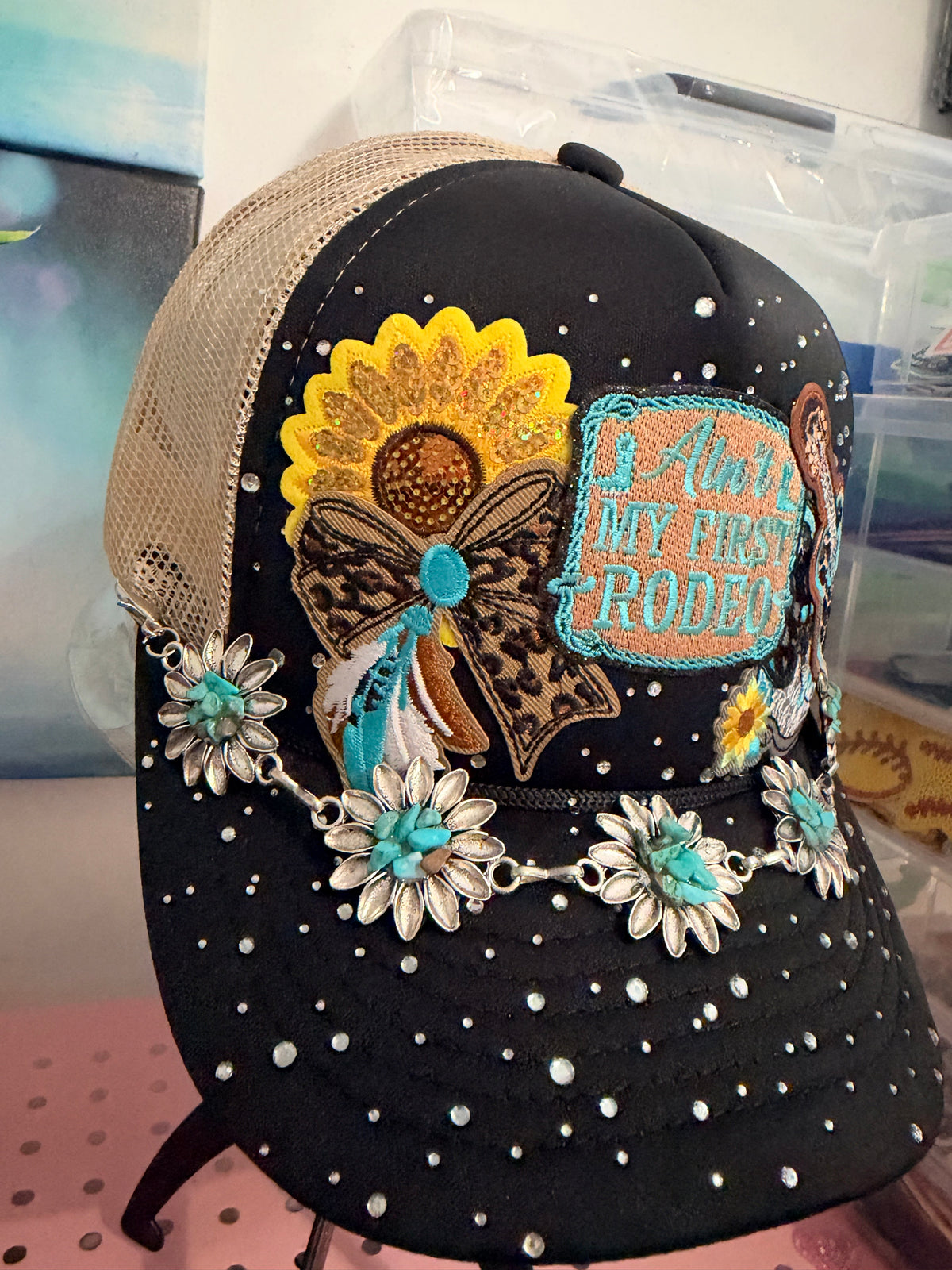 Custom Western "Ain't My First Rodeo" Rhinestone Trucker Hat