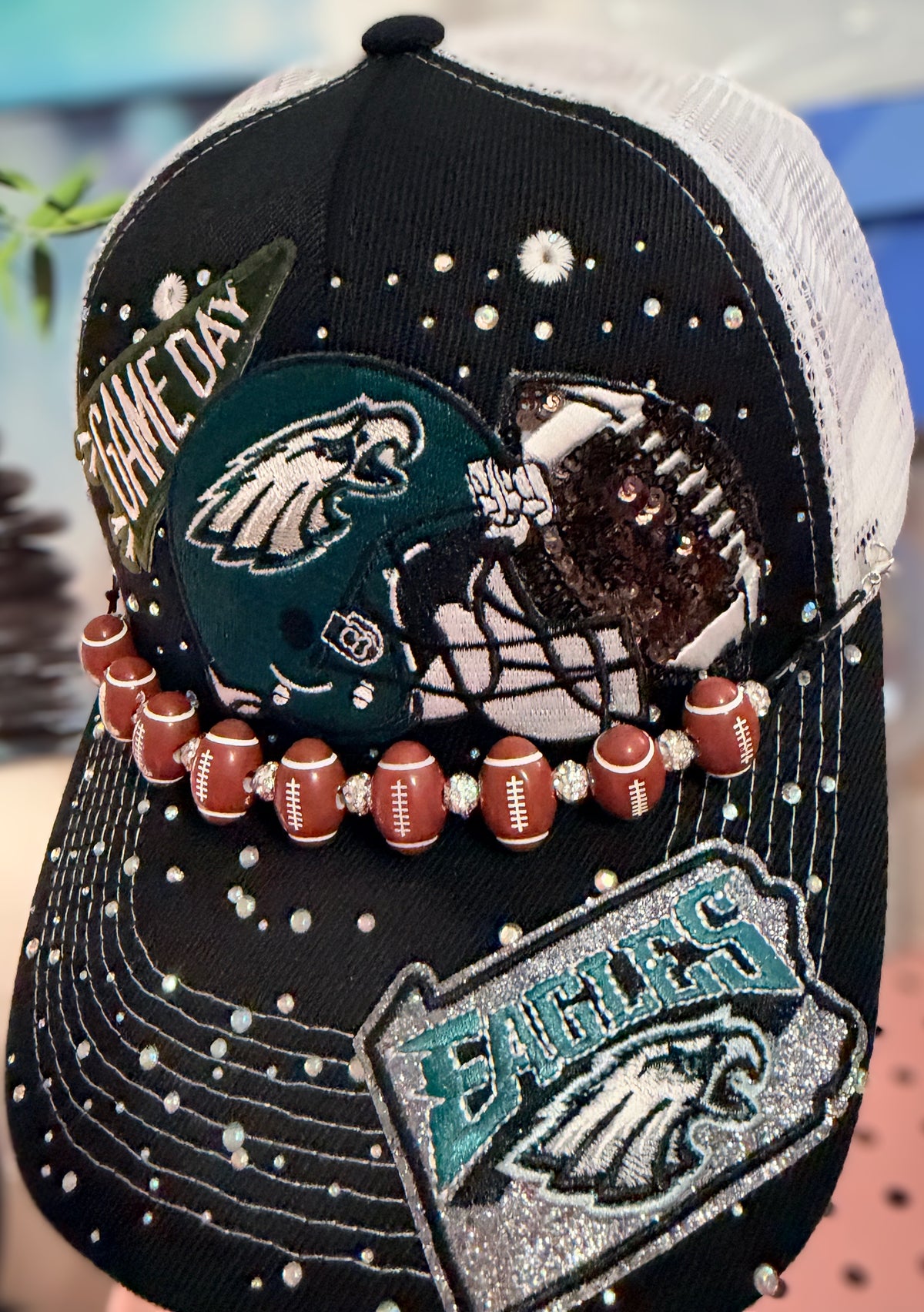 Custom Philadelphia Eagles Like Rhinestone Trucker Hat With Football Bling Hat Chain