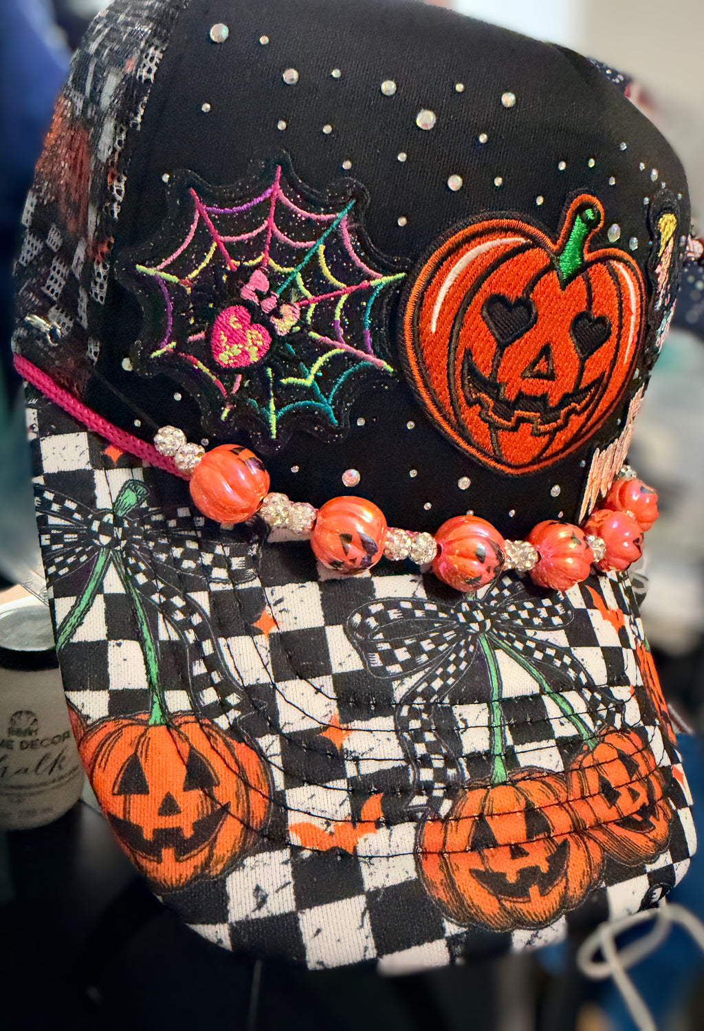 Custom Embellished Halloween Trucker Snapback Hat With Pumpkin Hat Chain