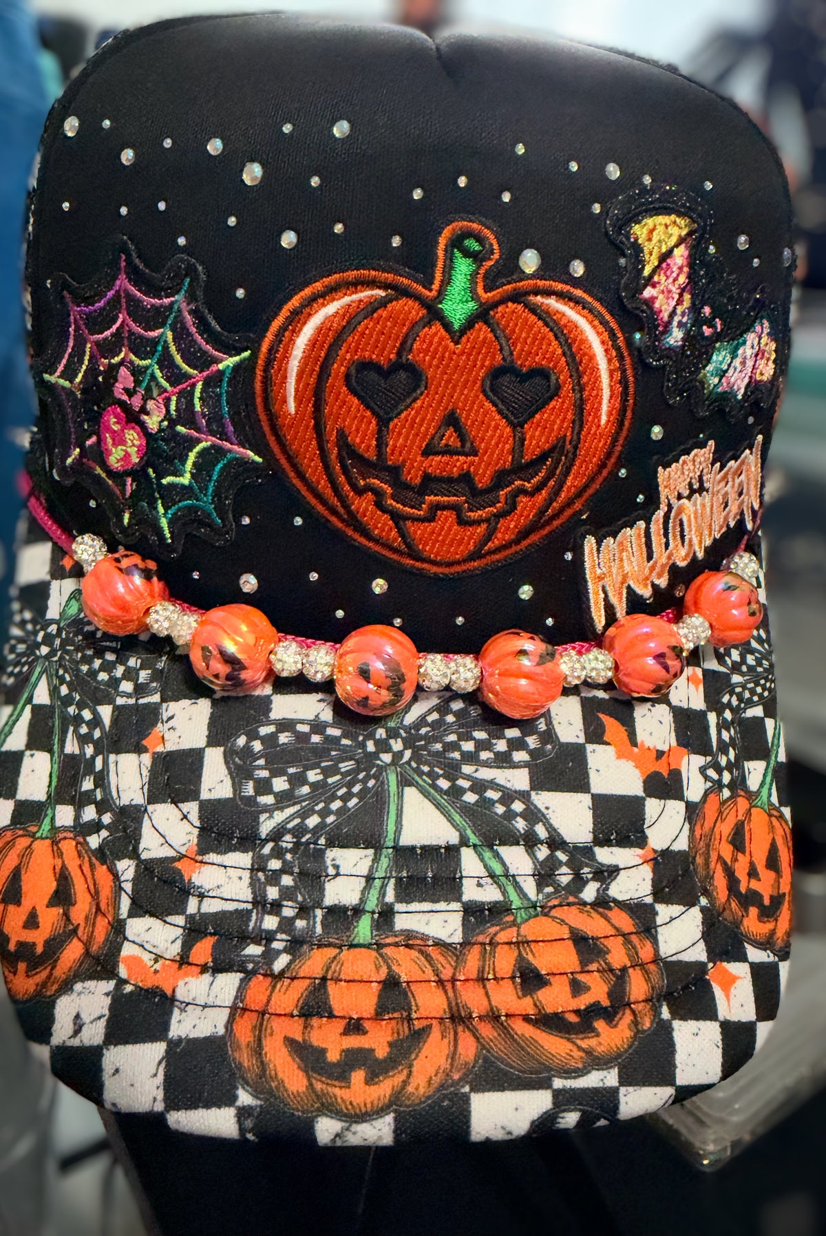Custom Embellished Halloween Trucker Snapback Hat With Pumpkin Hat Chain
