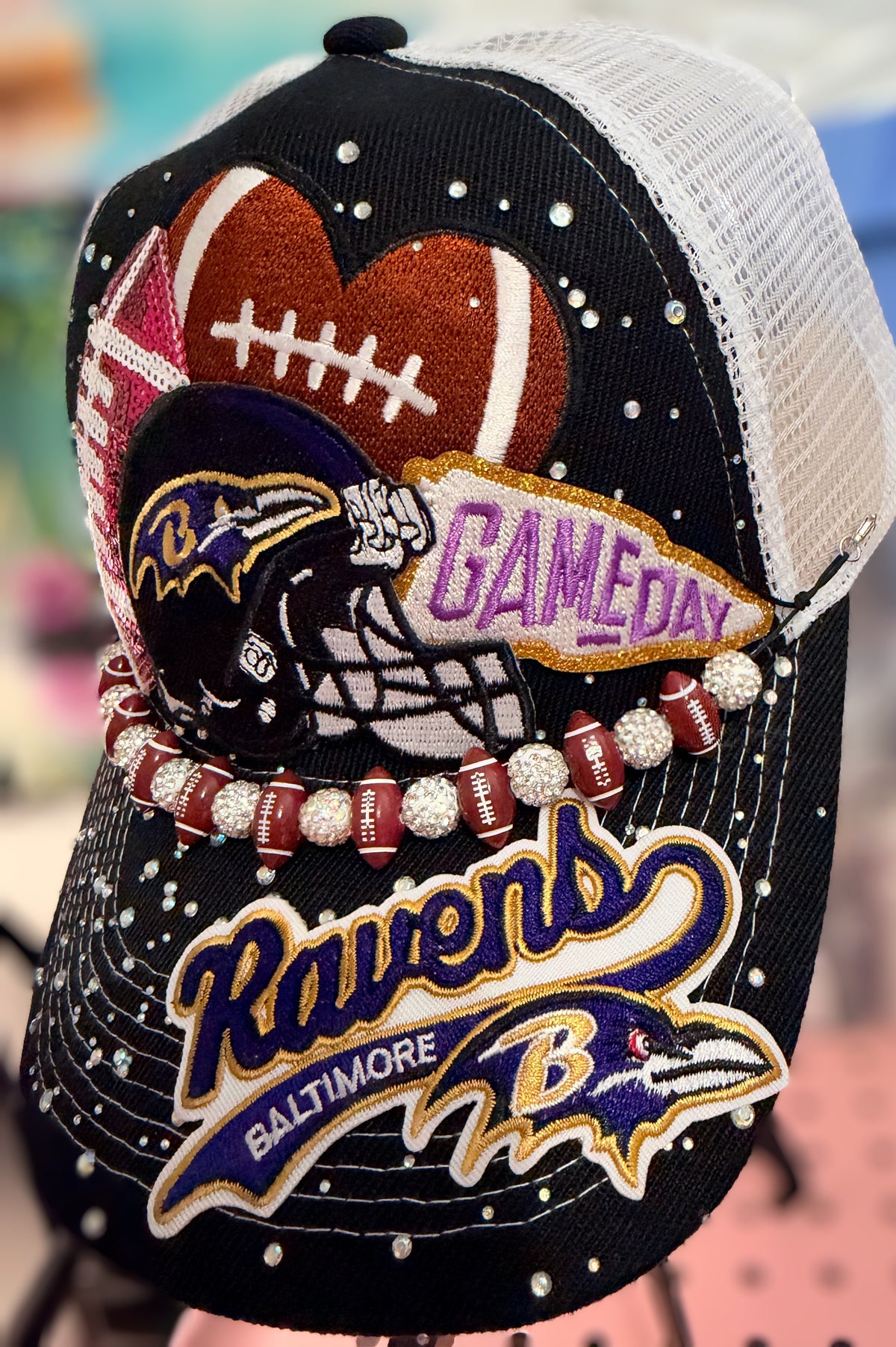 Custom Baltimore Ravens Rhinestone Sequin Trucker Hat Snapback With Football Hat Chain
