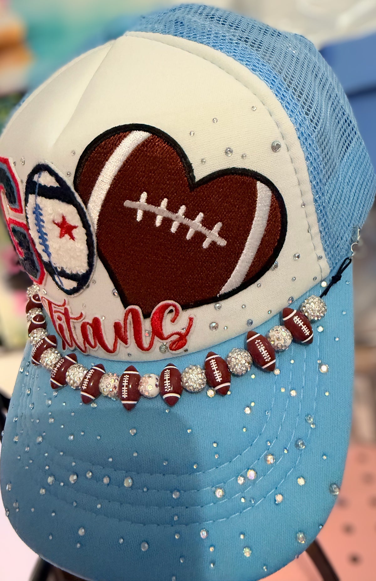 Custom "Go Titans" Rhinestone Beaded Football Trucker Hat