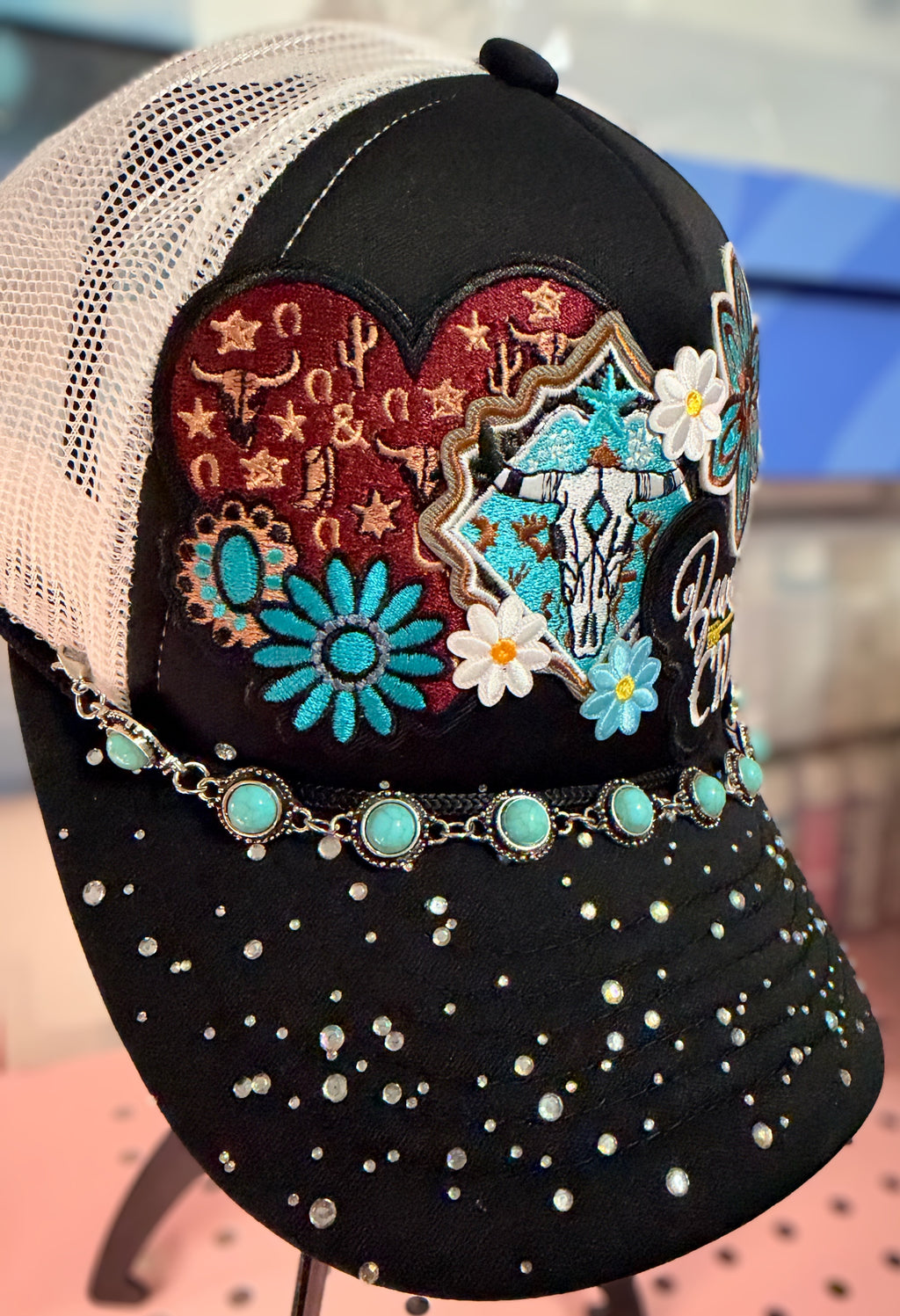 Custom Country Western Rhinestone Trucker Hat - Beautiful Crazy With Steer & Hat Chain