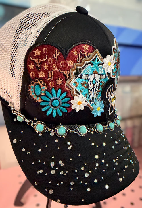 Custom Country Western Rhinestone Trucker Hat - Beautiful Crazy With Steer & Hat Chain