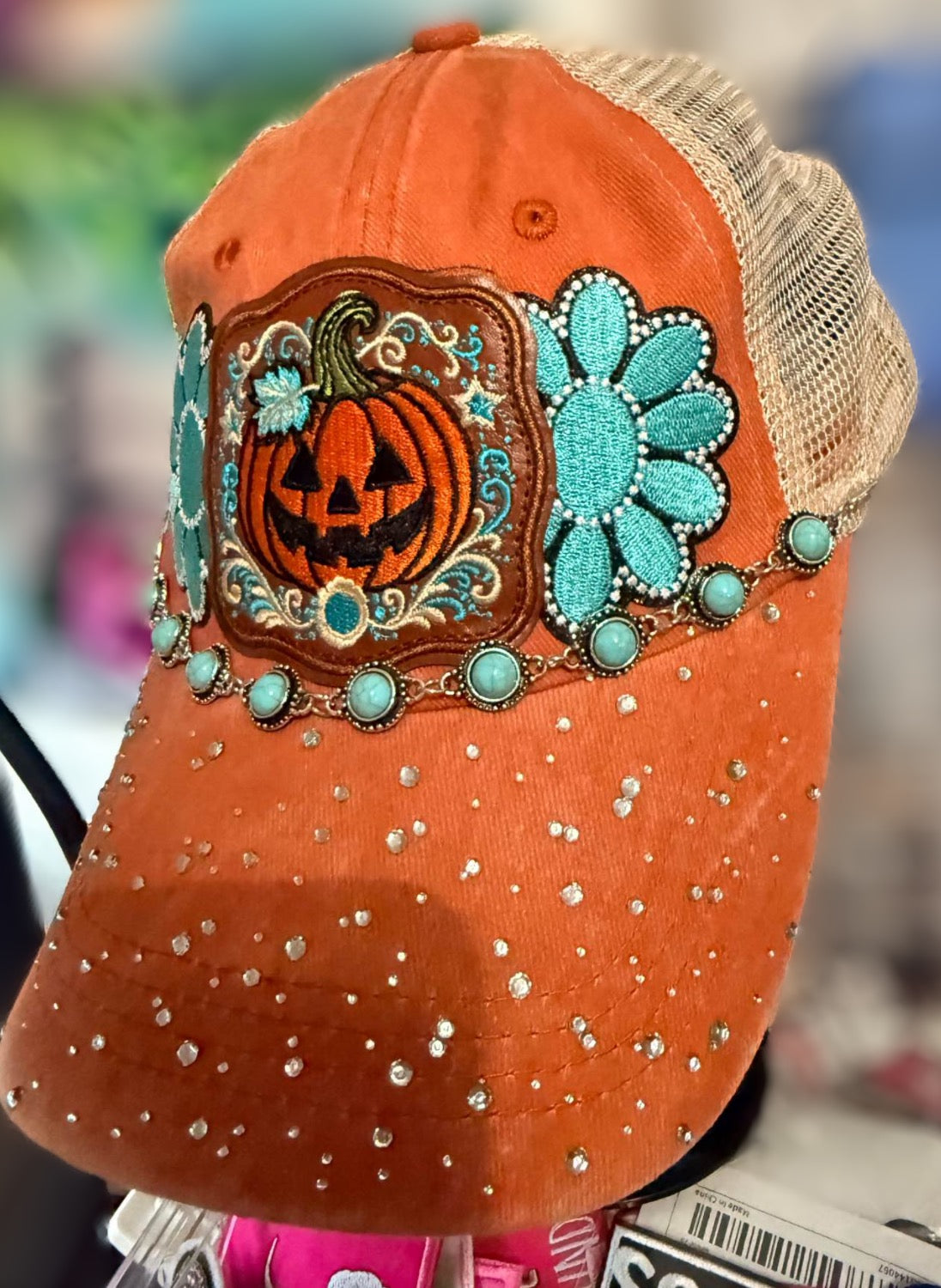 Orange Pumpkin Patch Trucker Hat with Turquoise Accents
