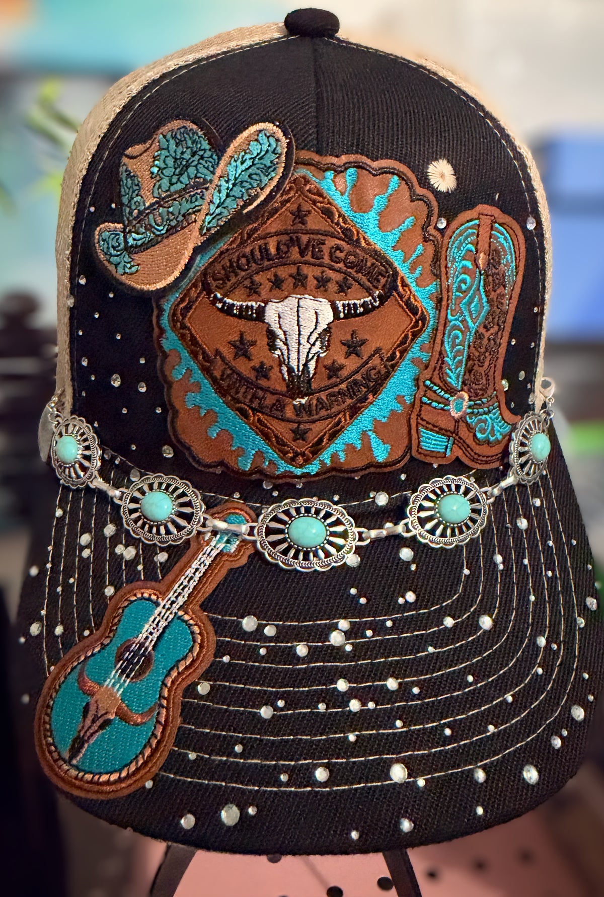 Country Western Embellished Trucker Hat with Turquoise Accents