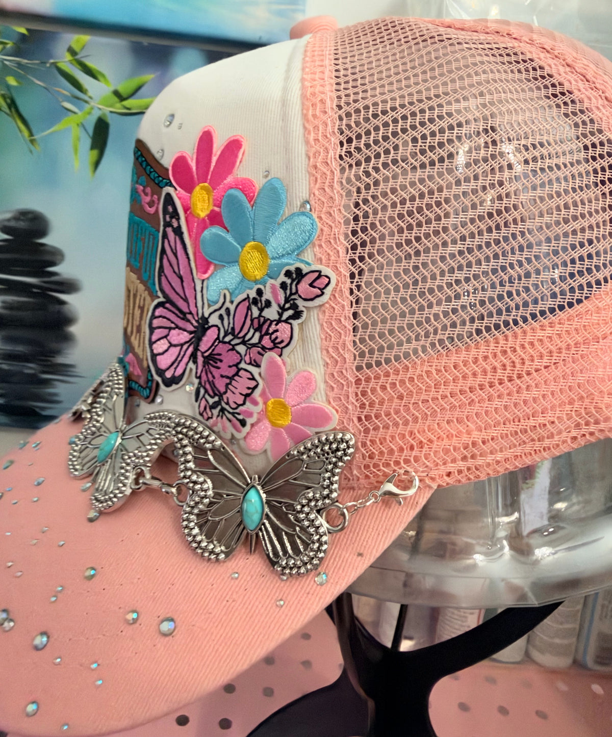 Beautiful Disaster Pink Butterfly Rhinestone Trucker Hat