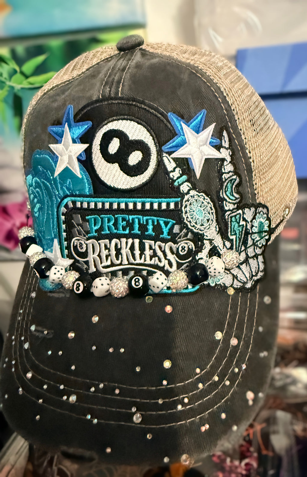 Custom Embellished Pretty Reckless Trucker Pool Hat with Rhinestones & 8 Ball Hat Chain