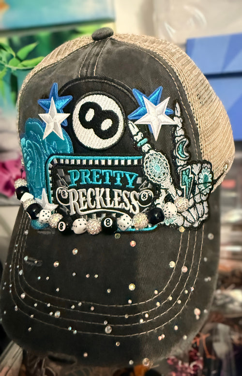 Custom Embellished Pretty Reckless Trucker Pool Hat with Rhinestones & 8 Ball Hat Chain