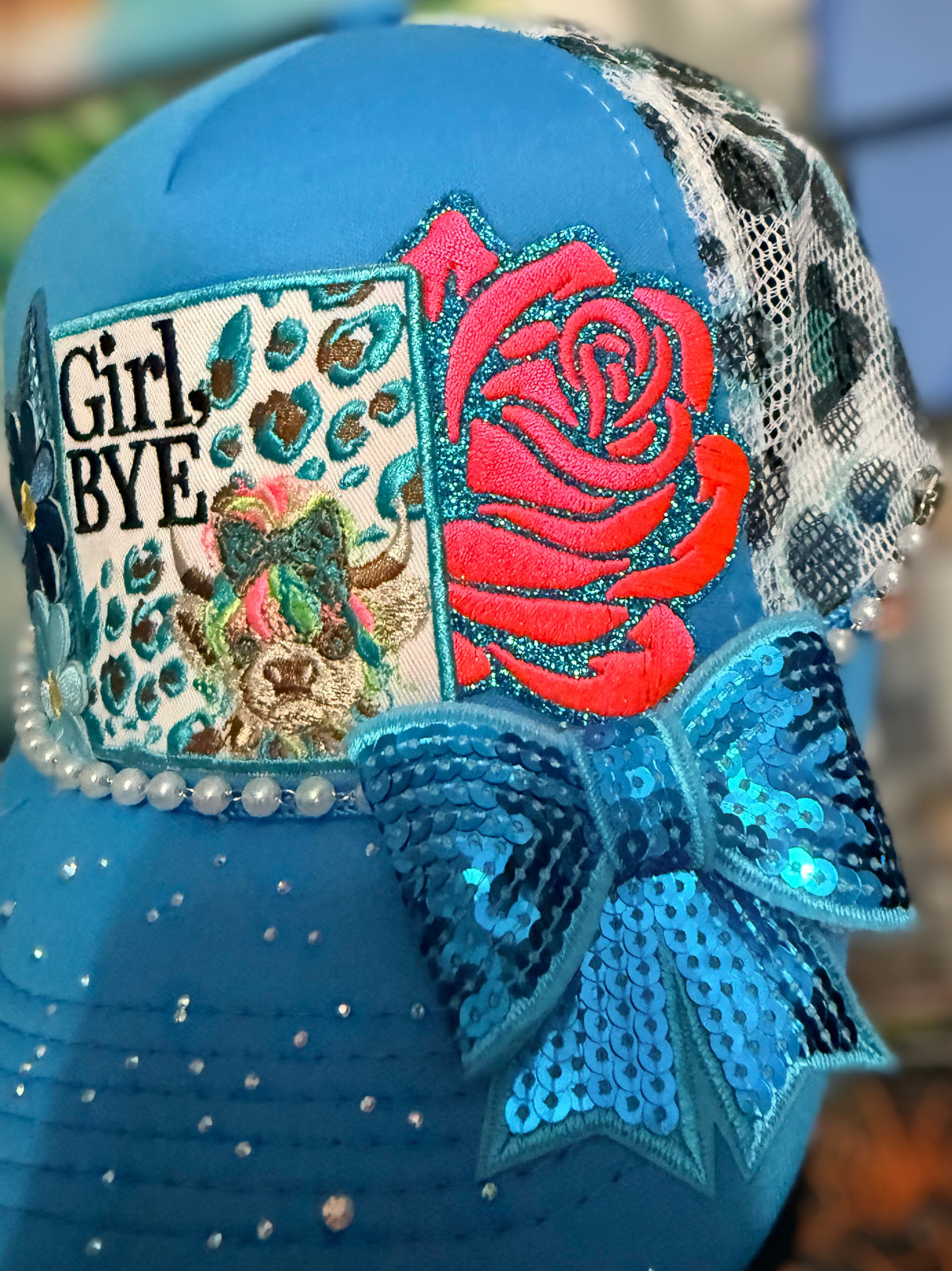 Custom Blue "Girl Bye" Trucker Hat with Rhinestones, Hat Chain and Sequin Bow