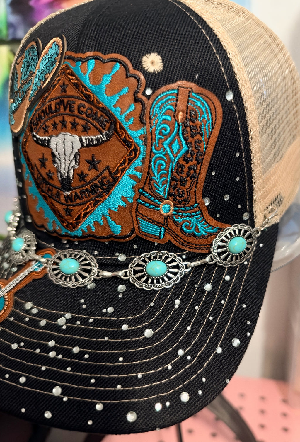 Country Western Embellished Trucker Hat with Turquoise Accents