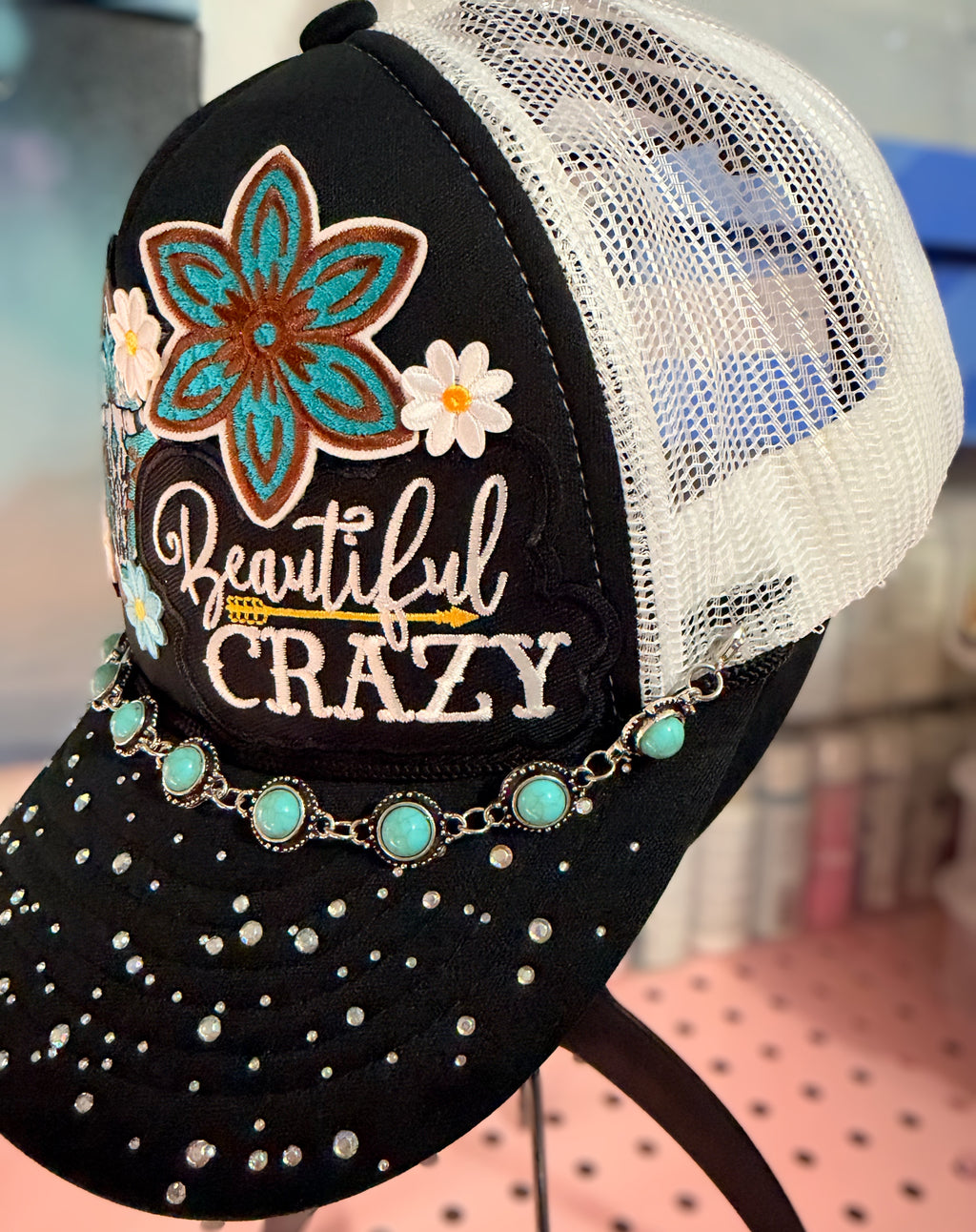 Custom Country Western Rhinestone Trucker Hat - Beautiful Crazy With Steer & Hat Chain