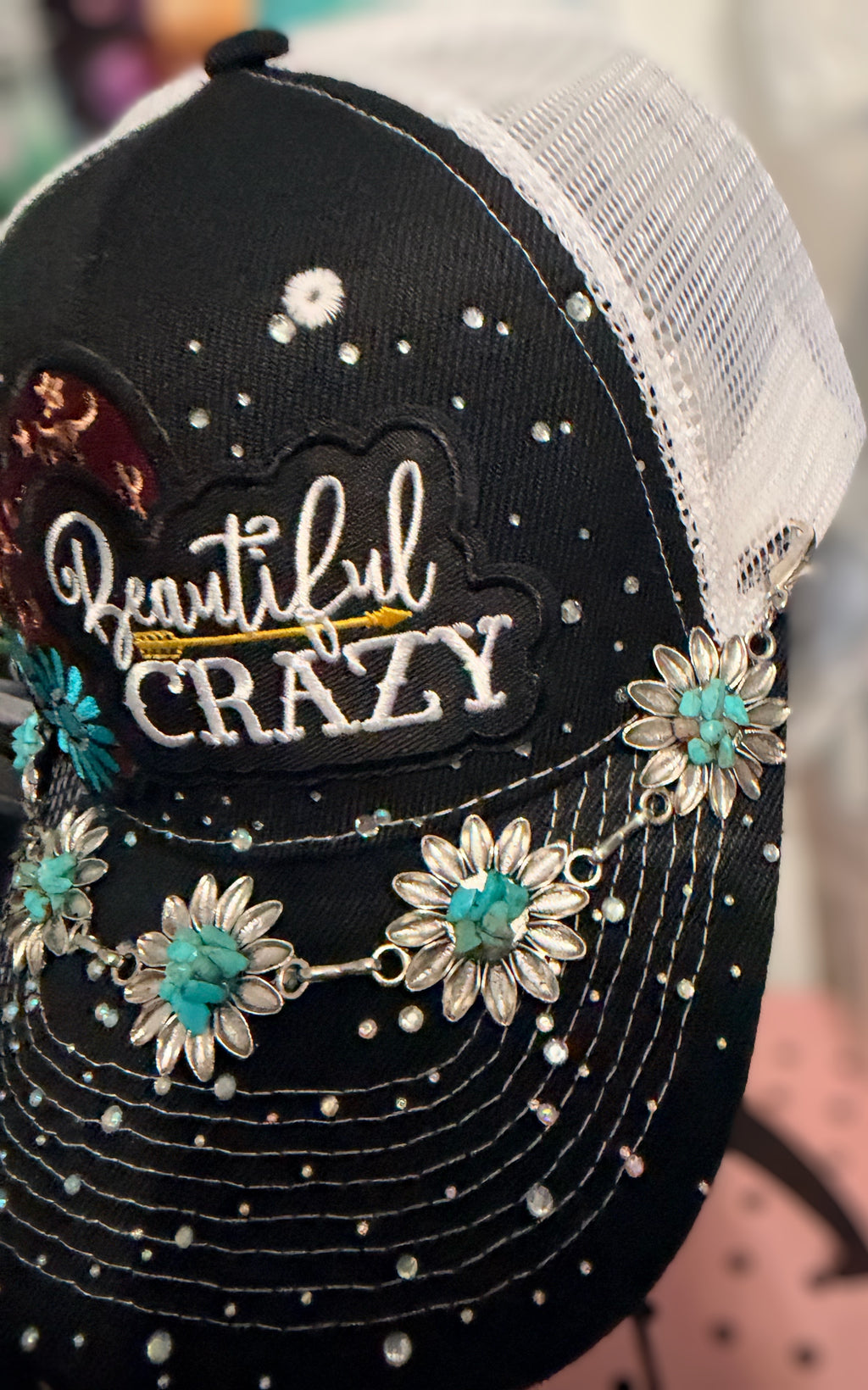 Custom "Beautiful Crazy" Western Trucker Hat with Turquoise and Rhinestones