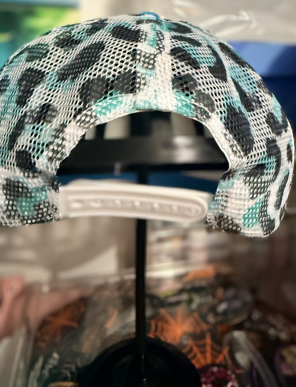 Custom Blue "Girl Bye" Trucker Hat with Rhinestones, Hat Chain and Sequin Bow