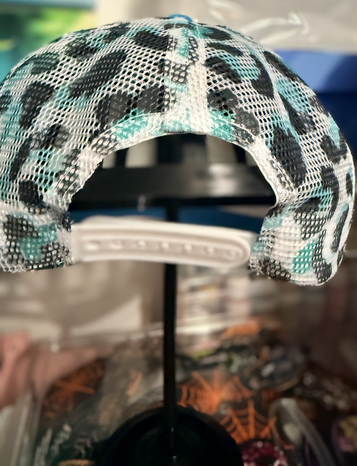 Custom Blue "Girl Bye" Trucker Hat with Rhinestones, Hat Chain and Sequin Bow
