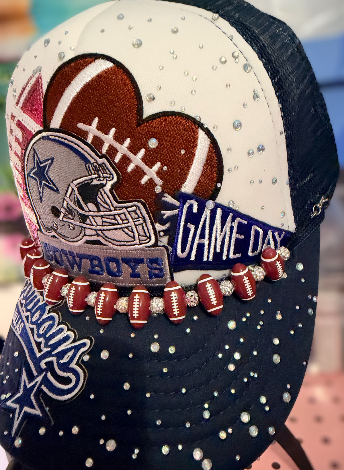 Custom Dallas Cowboys Like Bling Rhinestone Trucker Hat with Football Hat Chain