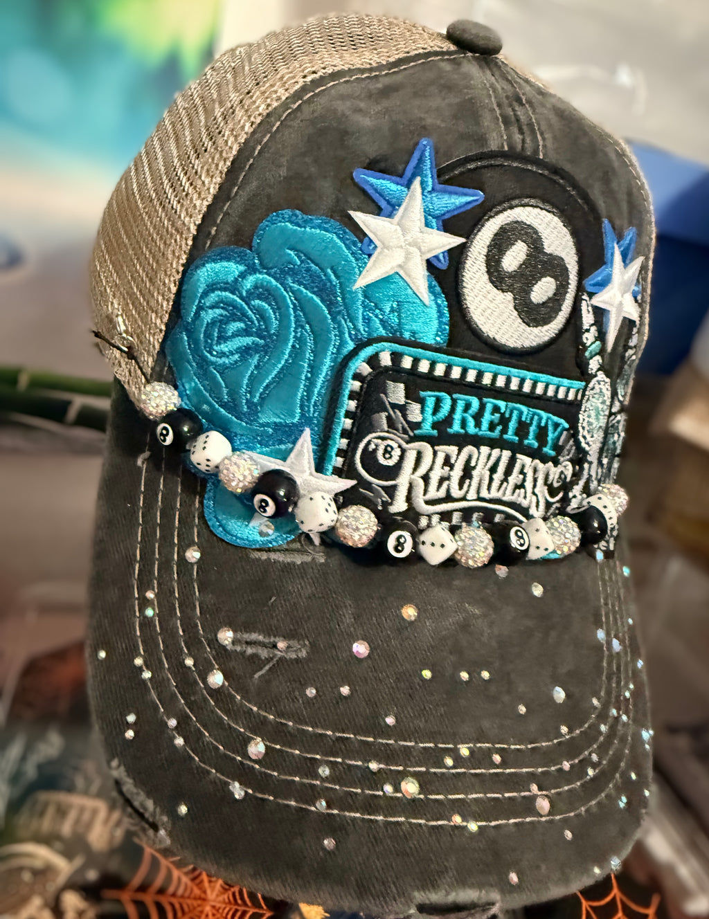 Custom Embellished Pretty Reckless Trucker Pool Hat with Rhinestones & 8 Ball Hat Chain