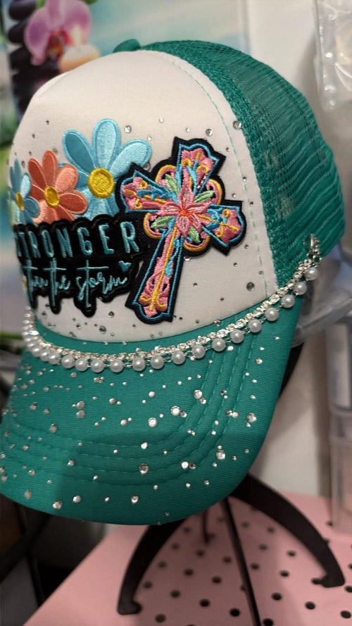 'Stronger Than The Storm' Floral Cross Rhinestone Trucker Hat