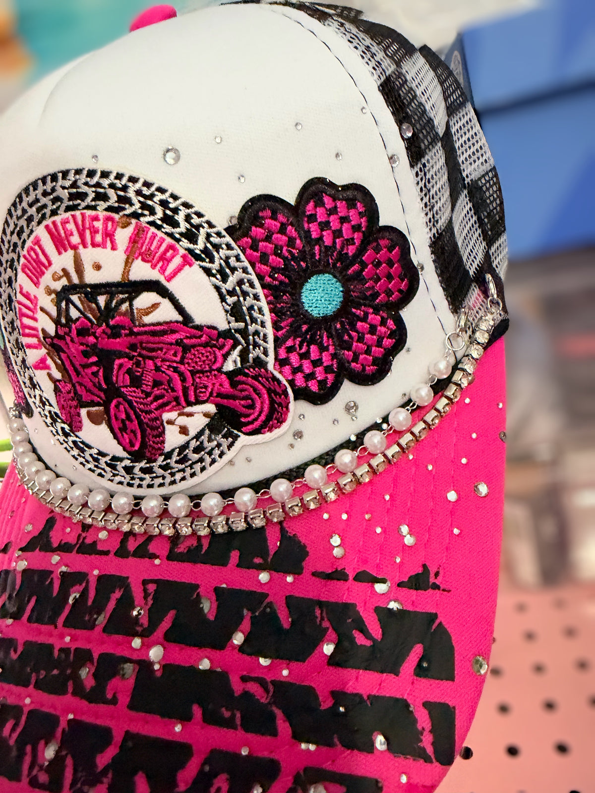 Pink Embellished "A Little Dirt Never Hurt" ATV Trucker Hat Snapback With 2 Hat Chains