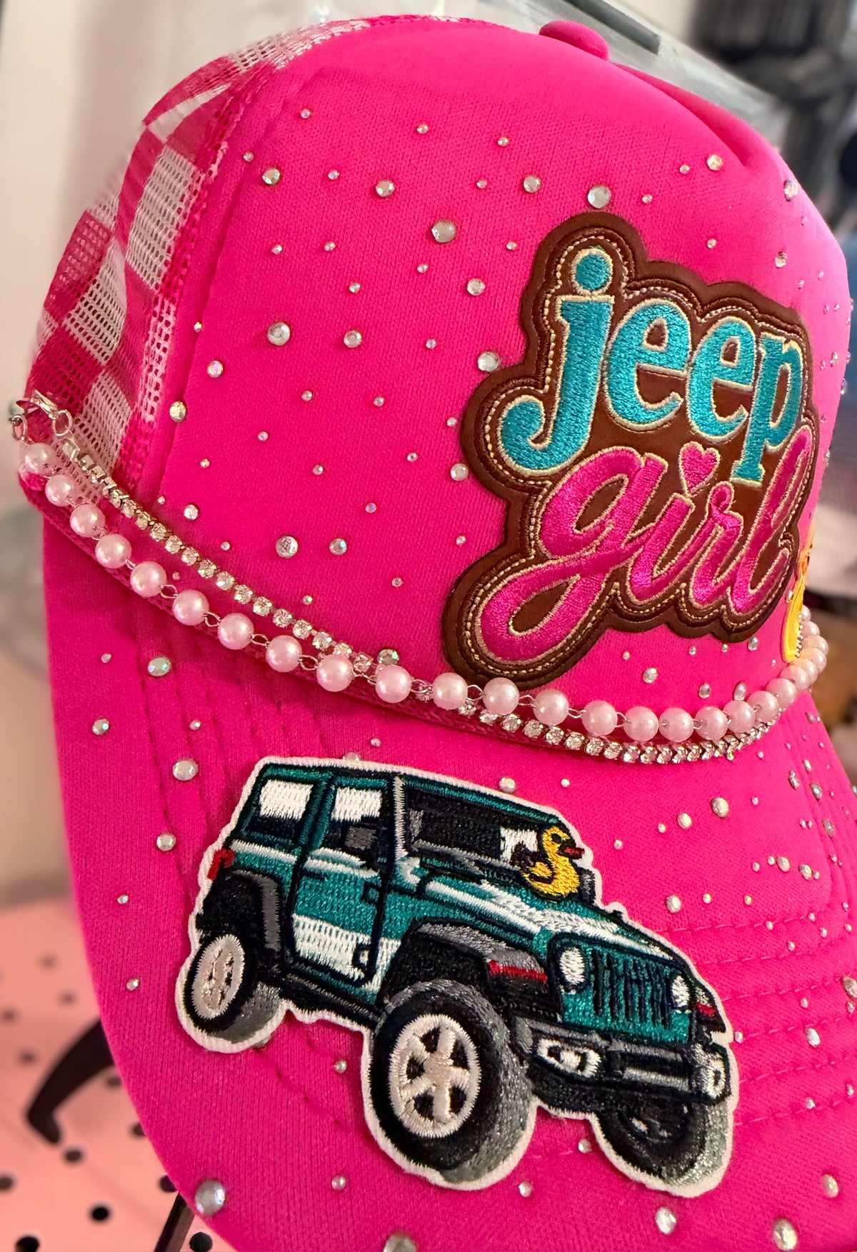 Custom Pink Jeep Girl Rhinestone Trucker Hat With 2 Hat Chains