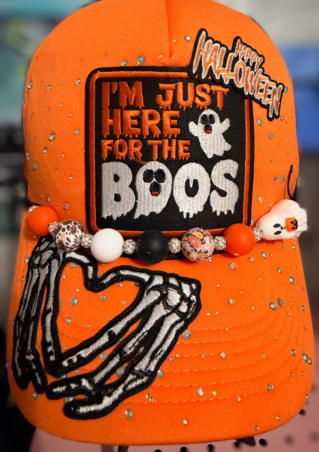 Orange Halloween Trucker Hat with Ghost and Skeleton and Hat Chain