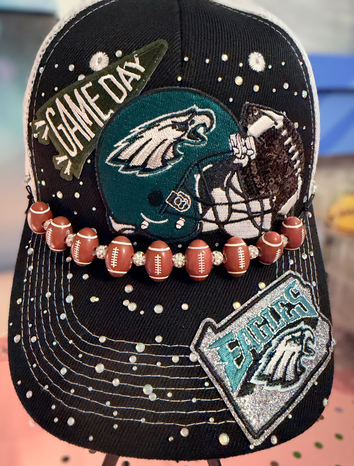 Custom Philadelphia Eagles Like Rhinestone Trucker Hat With Football Bling Hat Chain