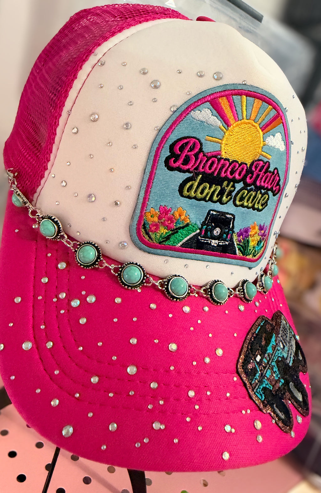 Custom Pink Bronco Hair Don't Care Trucker Hat With 2 Hat Chains