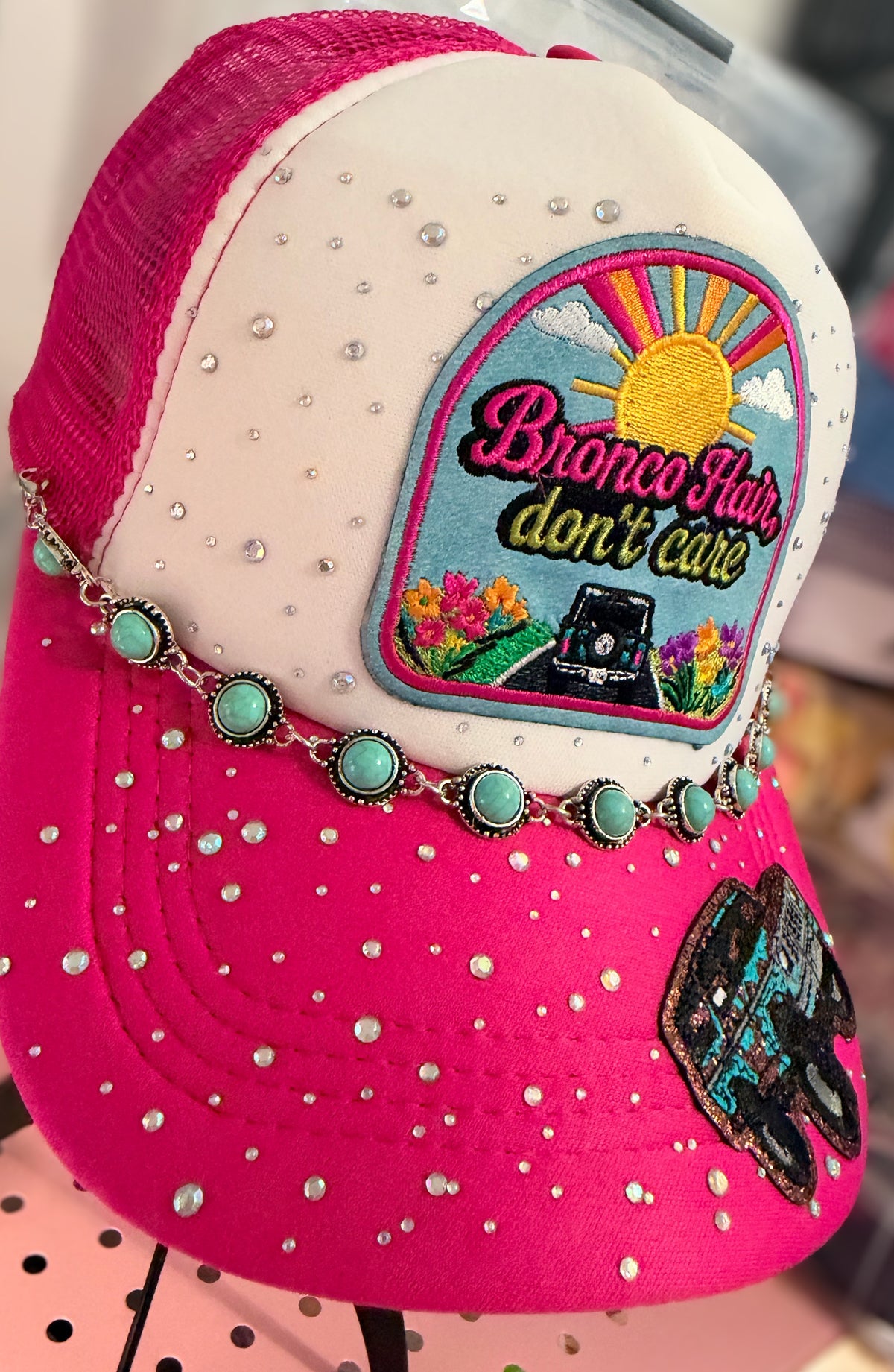 Custom Pink Bronco Hair Don't Care Trucker Hat With 2 Hat Chains