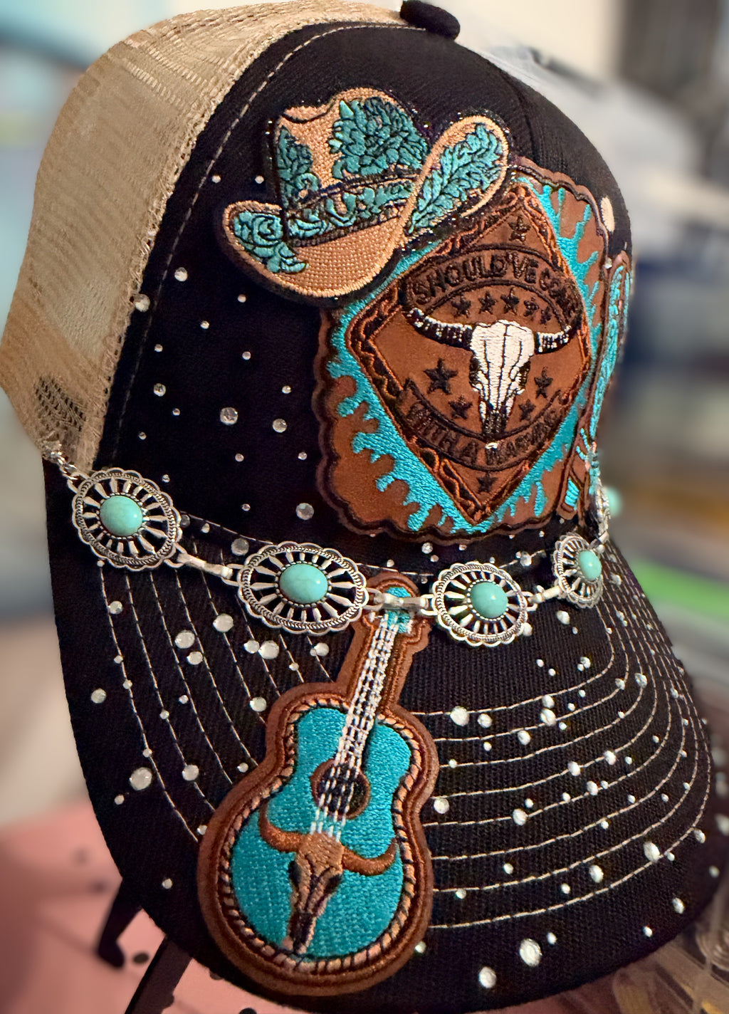 Country Western Embellished Trucker Hat with Turquoise Accents