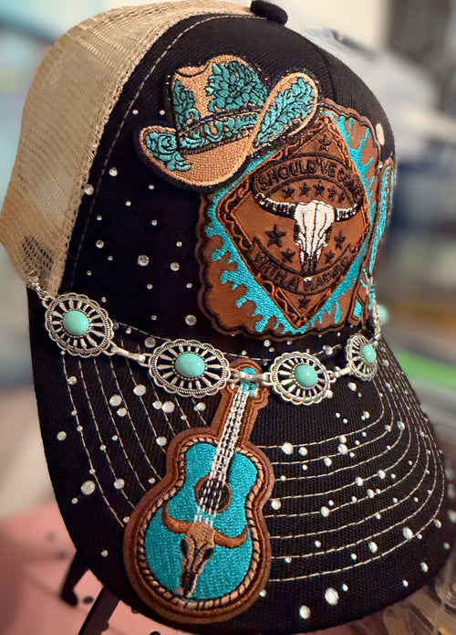 Country Western Embellished Trucker Hat with Turquoise Accents