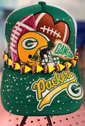 Custom Green Bay Packers Like  Rhinestone Trucker Hat with Football Cheese Hat Chain