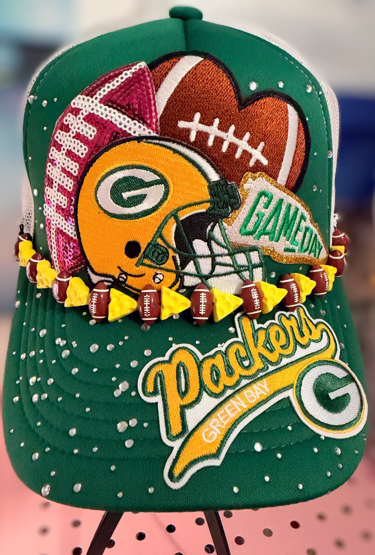 Custom Green Bay Packers Like  Rhinestone Trucker Hat with Football Cheese Hat Chain